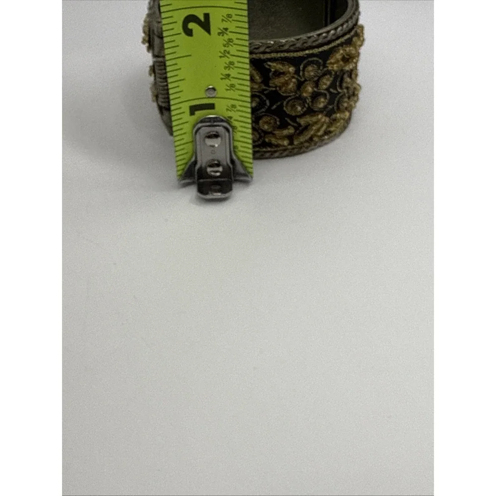 Vtg Ottoman Style Hinged Clamper Bracelet Tribal Ethnic Beaded Fabric Silver Ton